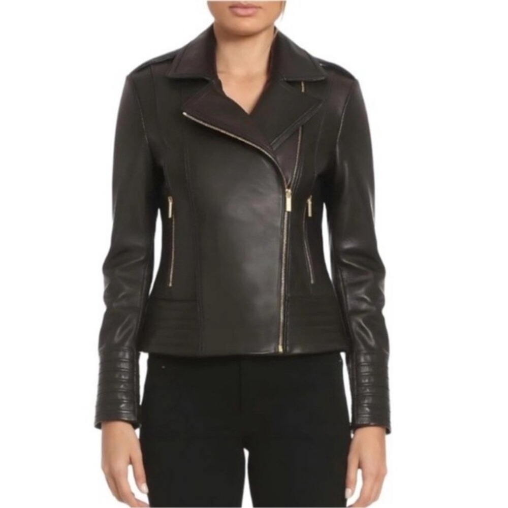 Badgley Mischka Gia Genuine Leather Biker Jacket Black Medium